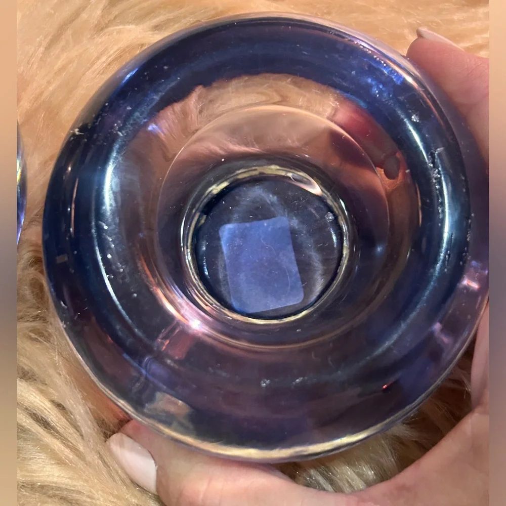Crate and Barrel purple glow tea light holders glass